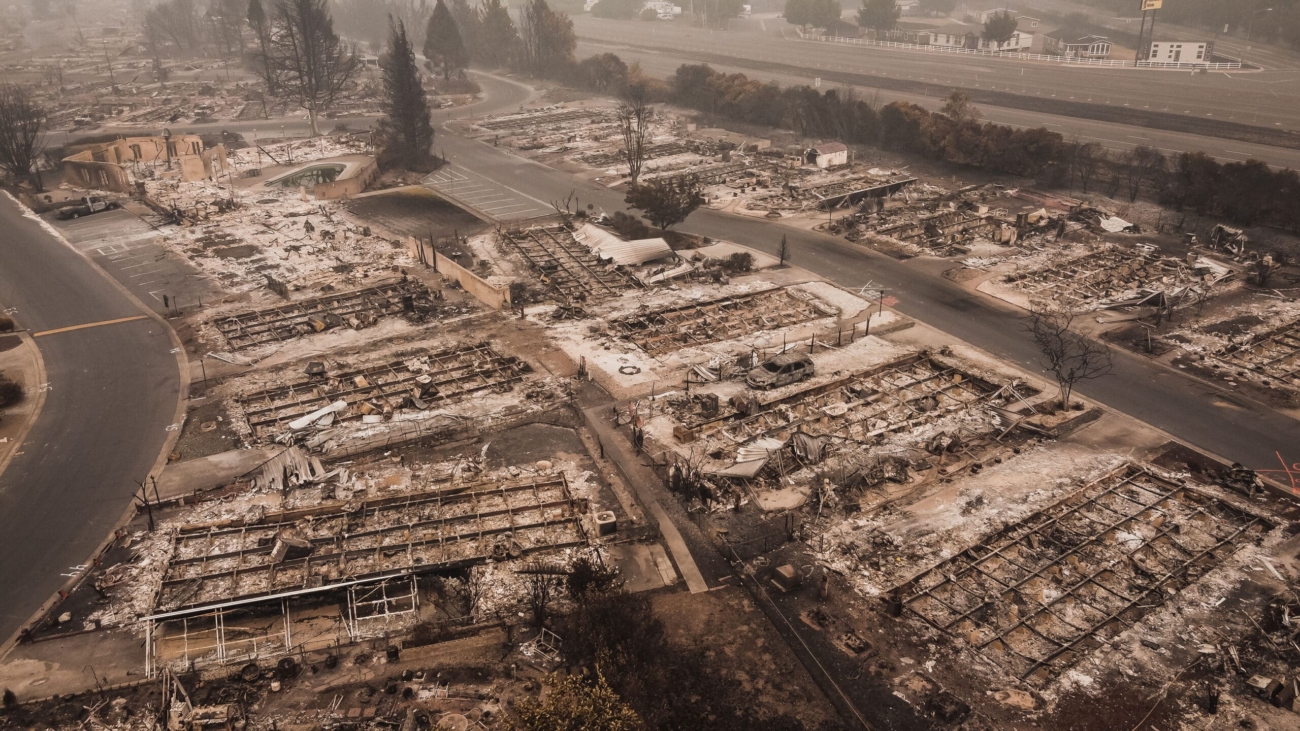 aftermath of wildfire Aerial View of the Almeda Wildfire in Southern Oregon Talent Phoenix Northern California. Fire Destroys many people's livelihood