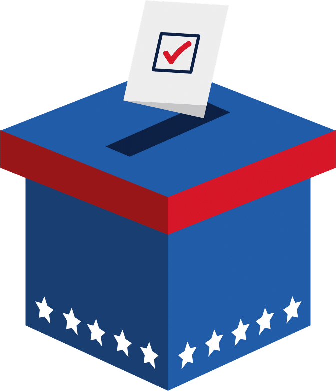 A blue and red ballot box with white stars and a ballot going into the ballot with a checkmark on it.